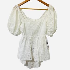 AQUA Babydoll Eyelet Top Women's Sz M White Square Neck Short Puff Sleeve